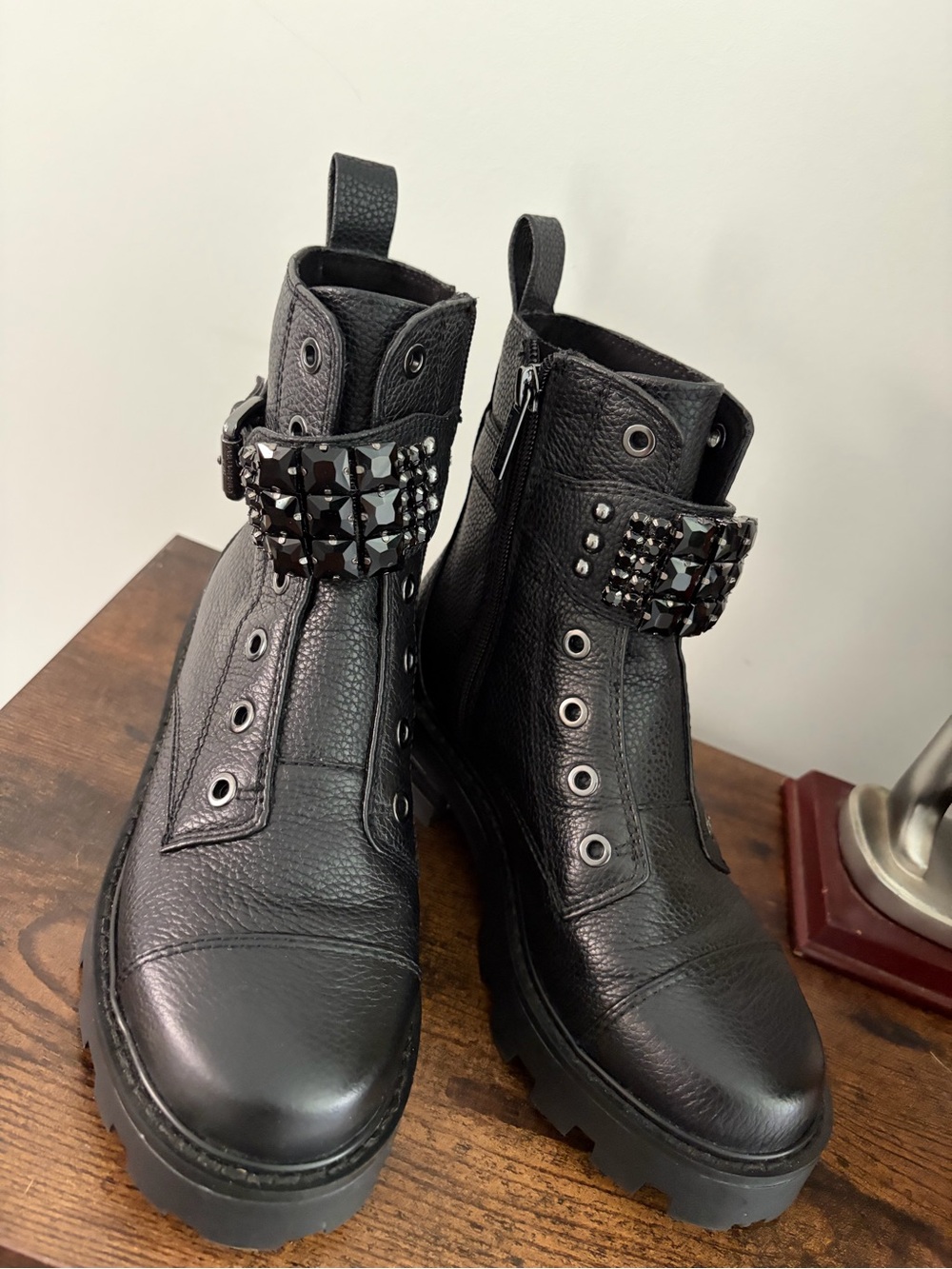 Karl Lagerfeld Black Leather Studded Strap Combat Boots